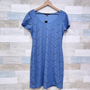 Tiana B Lace Overlay Short Cap Sleeve Sheath Dress Blue Stretch Womens Medium